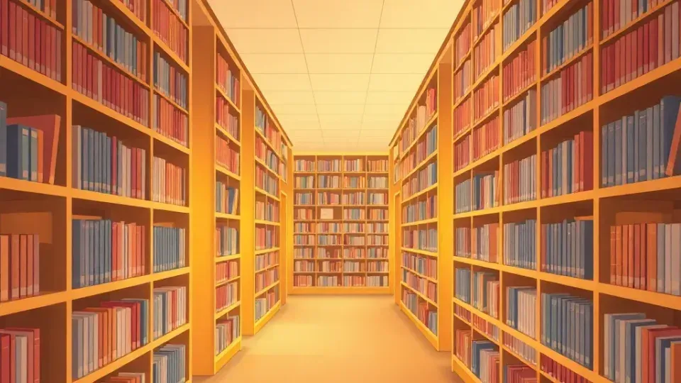 Organized library interior with systematic shelving and warm lighting representing information organization