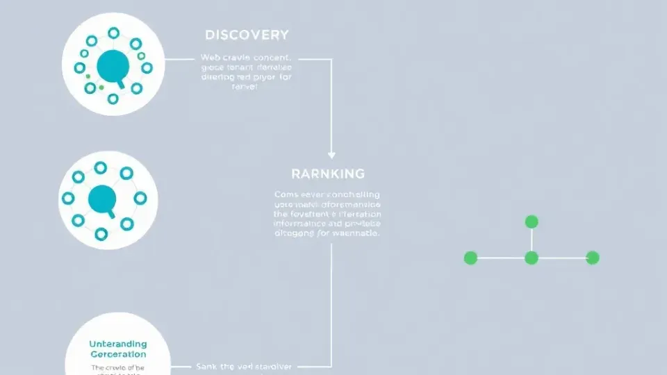 Three-stage infographic showing crawling, indexing, and ranking process flow
