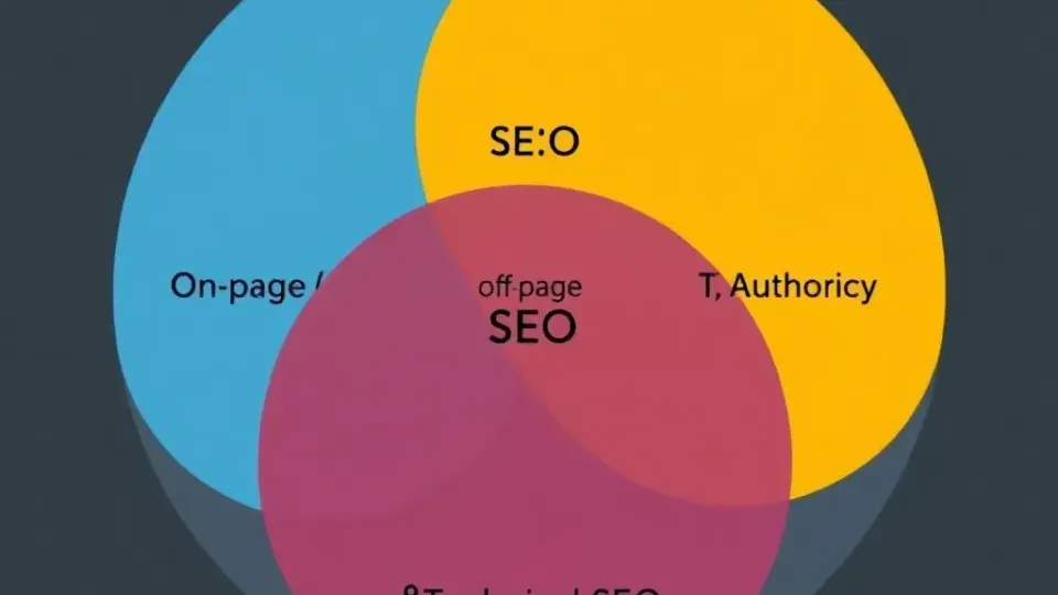 Three-pillar diagram showing on-page, off-page, and technical SEO components