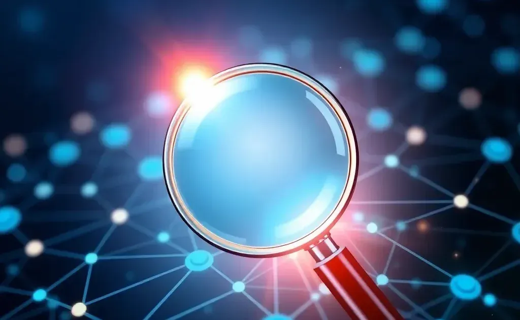 Abstract digital visualization of search engine optimization concept with magnifying glass and connected nodes