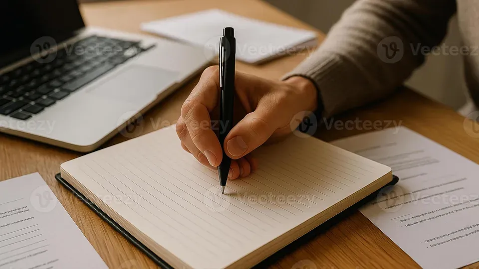 Person working at desk with laptop and notebook, engaged in planning or strategy work