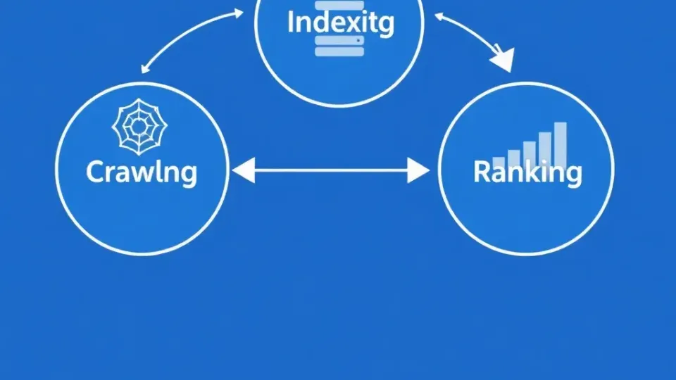 Flowchart showing three-step SEO process: crawling, indexing, and ranking with connecting arrows