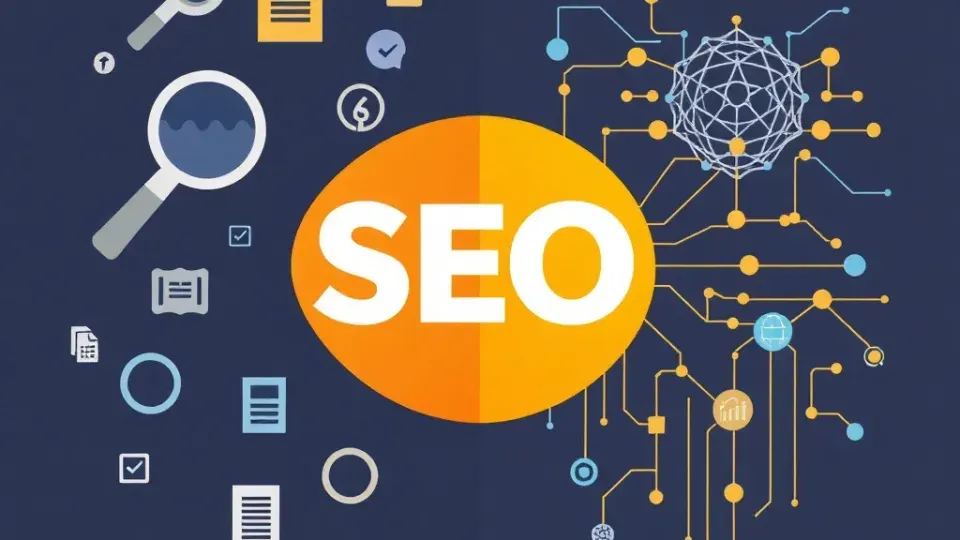 Conceptual illustration showing traditional SEO and AI merging together with gradient transition