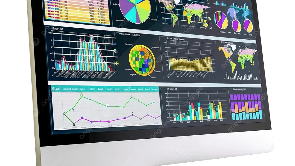 Computer monitor showing analytics dashboard with charts and performance metrics