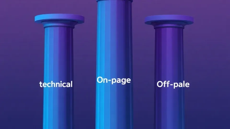 Three architectural pillars representing technical, on-page, and off-page SEO
