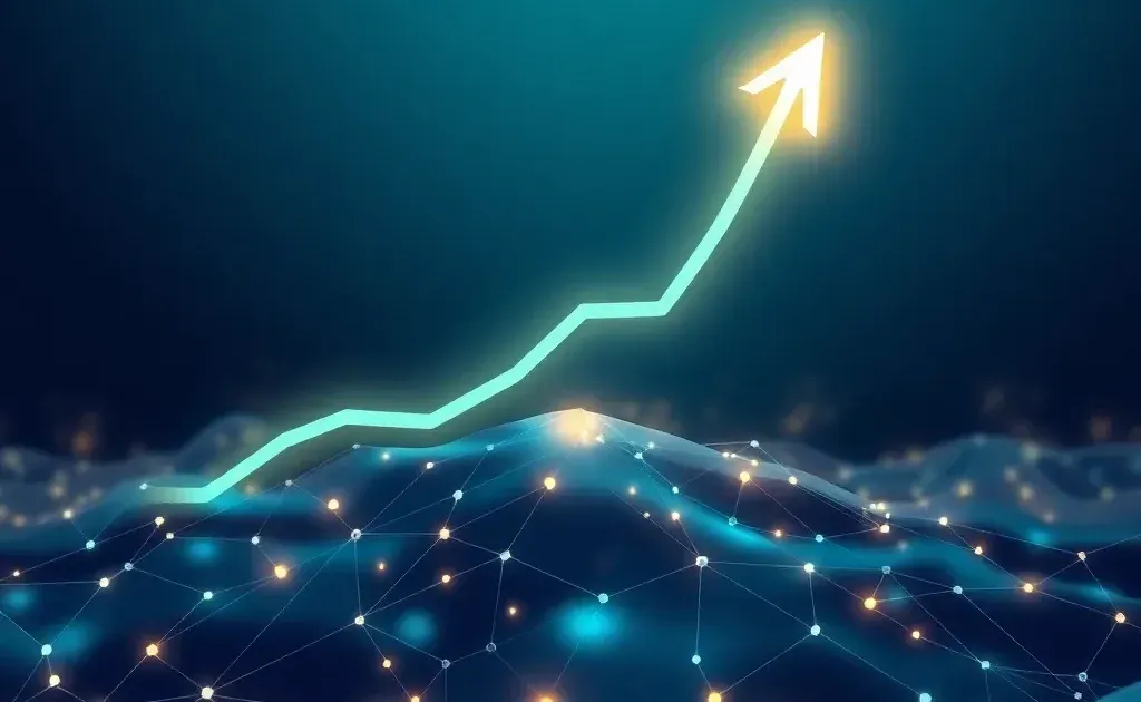 Abstract upward trending arrow with interconnected data nodes representing growth and optimization